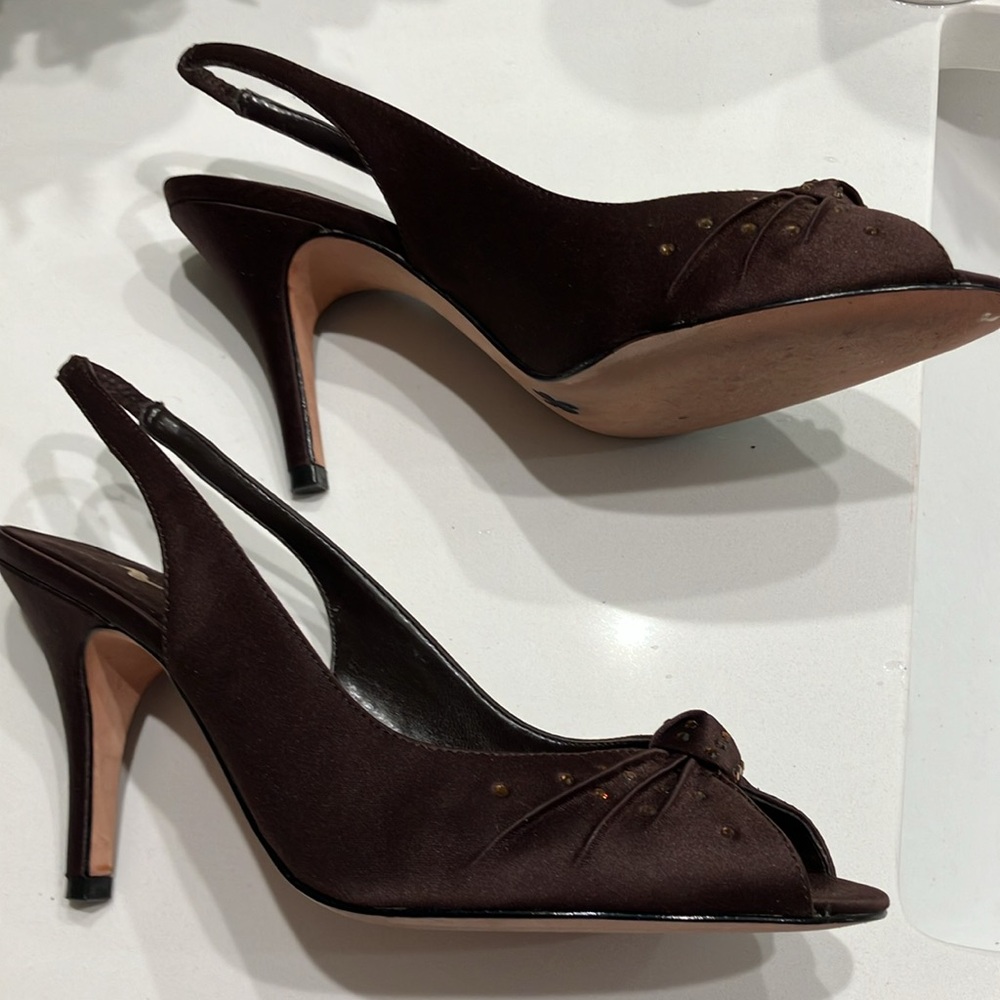 Nina Beautiful Brown W/Bronze Rhinestones At Open Toe Heels - Picture 2 of 9